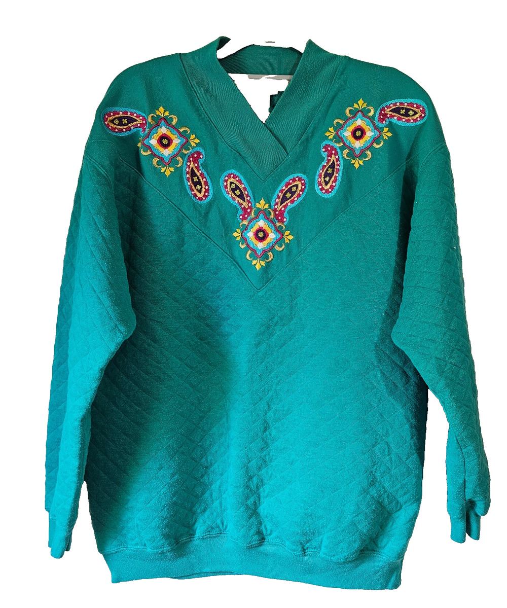 Vintage Architect Quilted Embroidered Sweatshirt Womens M Teal Southwestern 90s